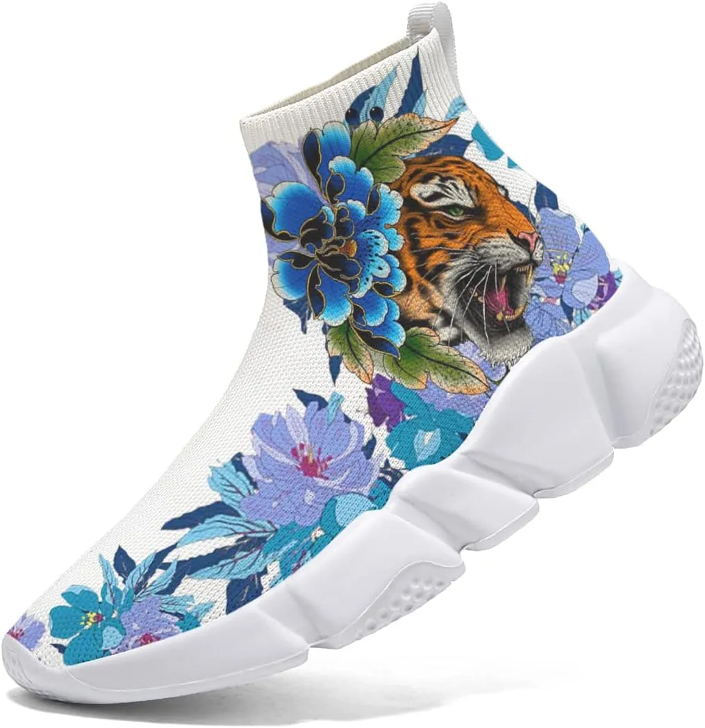 Women's Running Shoes Lightweight Breathable Walking Shoes Flower Tiger Non Slip Athletic Fashion Sneakers Mesh Workout Casual Sports