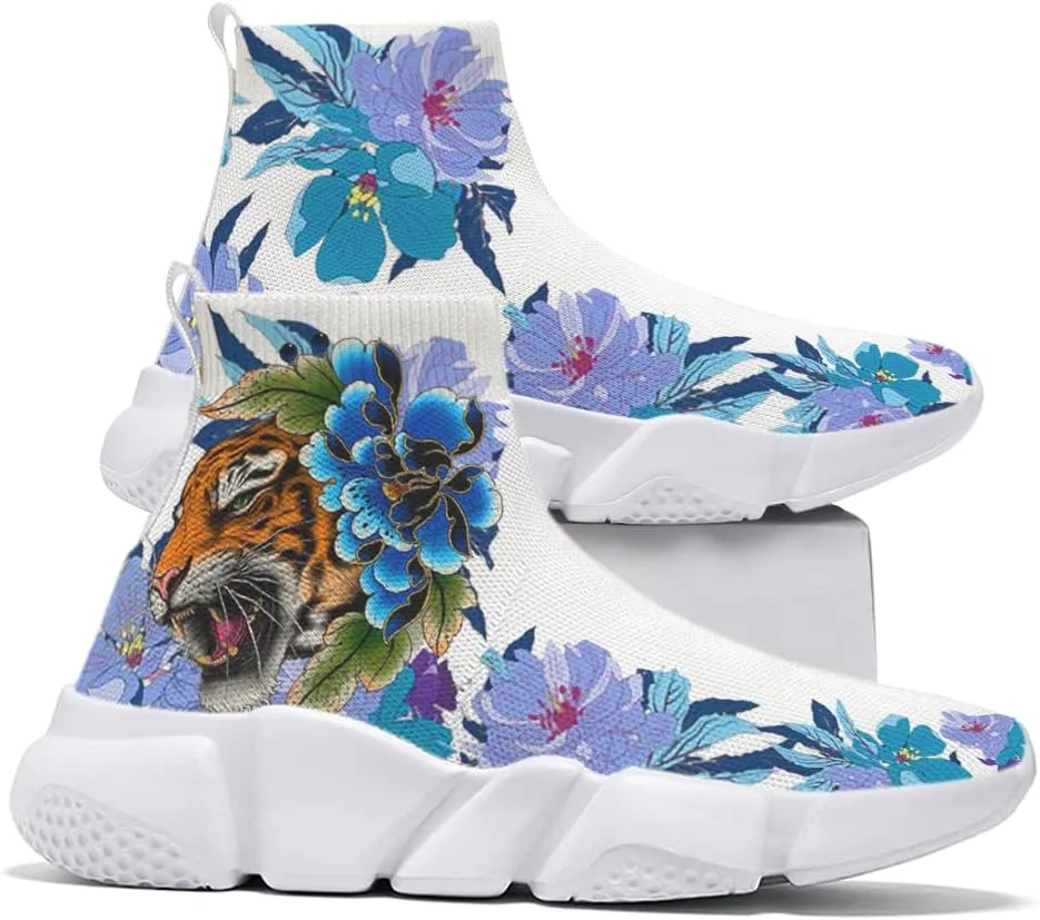 Women's Running Shoes Lightweight Breathable Walking Shoes Flower Tiger Non Slip Athletic Fashion Sneakers Mesh Workout Casual Sports