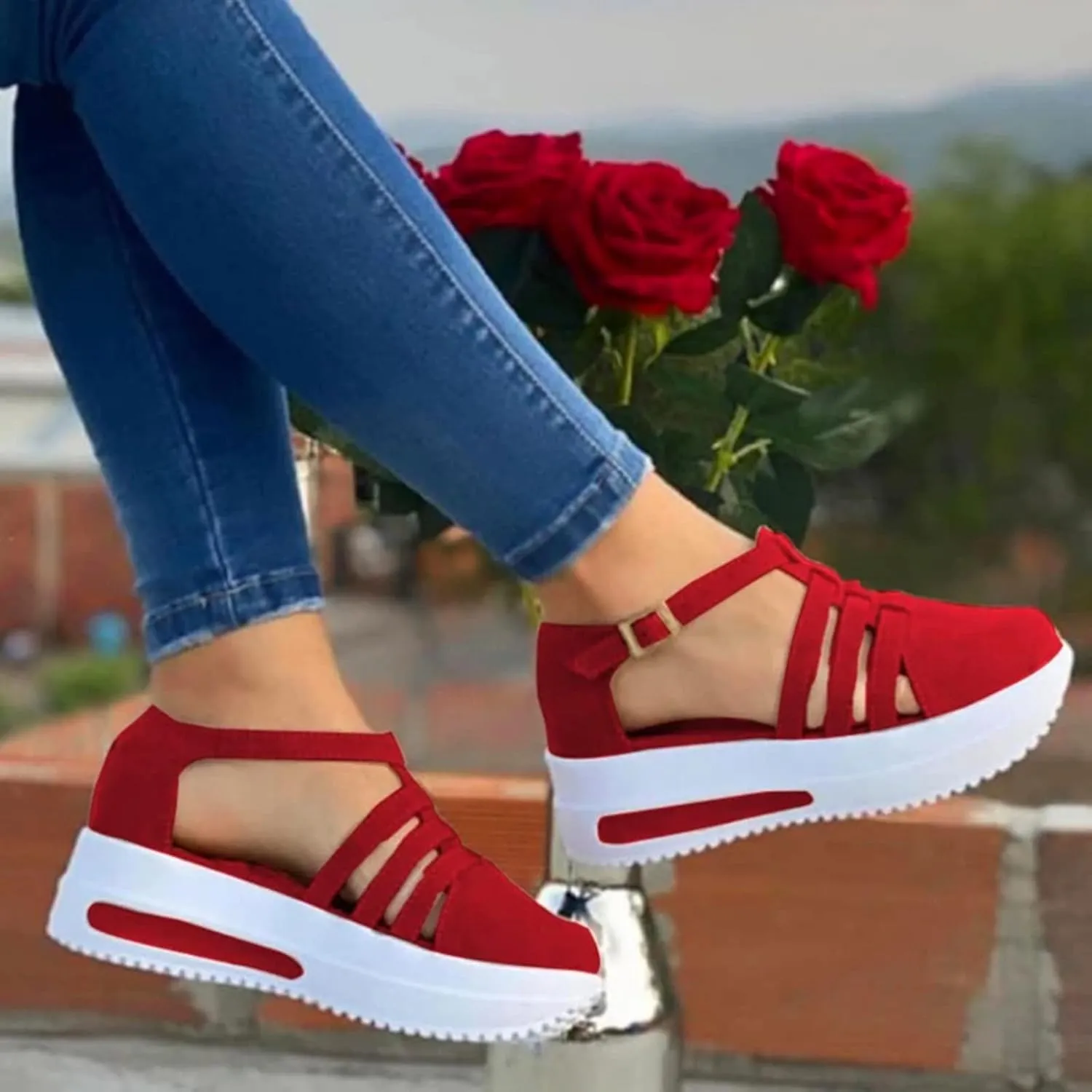 Womens Sandals Dressy Summer Peep Toe Platform Sandals Shoes Wedges Ankle Buckle Flip Flops Orthopedic Stylish Sandals