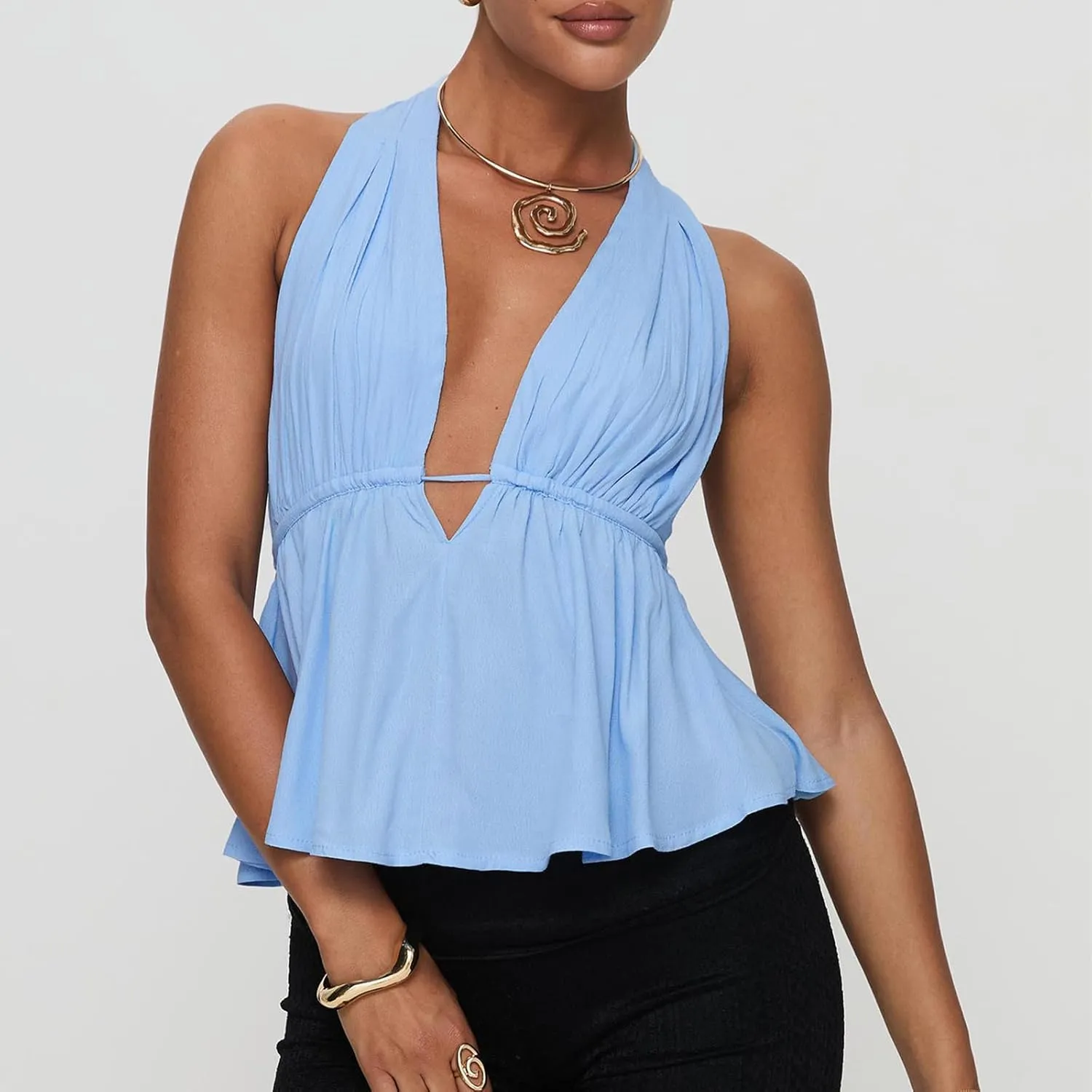 Women's Sexy Halter Going Out Top Open Back Deep V Neck Sleeveless Ruched Tank Tops Y2k Slim Fit Camisole Crop Tops