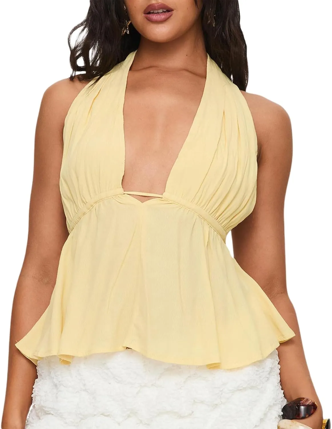 Women's Sexy Halter Going Out Top Open Back Deep V Neck Sleeveless Ruched Tank Tops Y2k Slim Fit Camisole Crop Tops