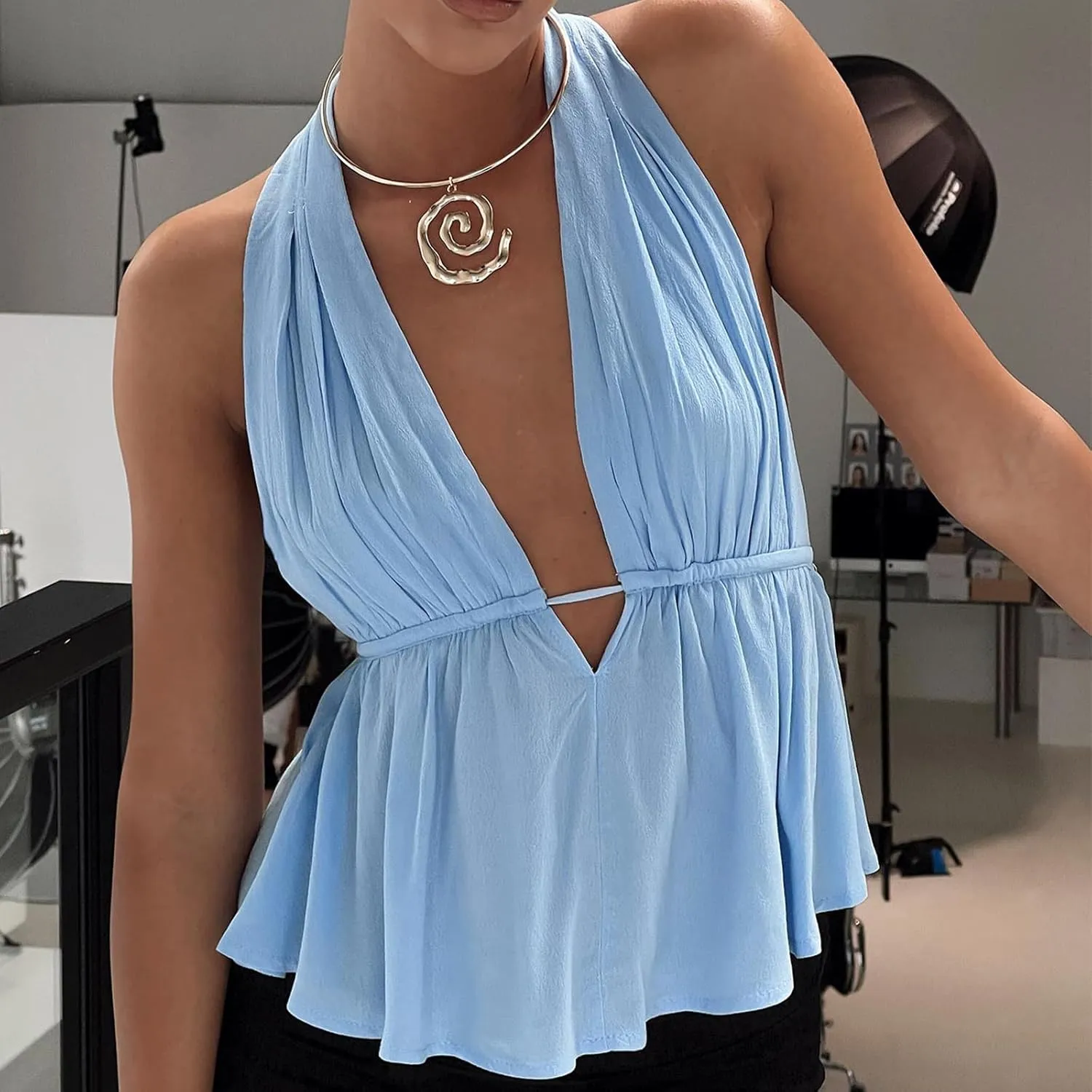 Women's Sexy Halter Going Out Top Open Back Deep V Neck Sleeveless Ruched Tank Tops Y2k Slim Fit Camisole Crop Tops