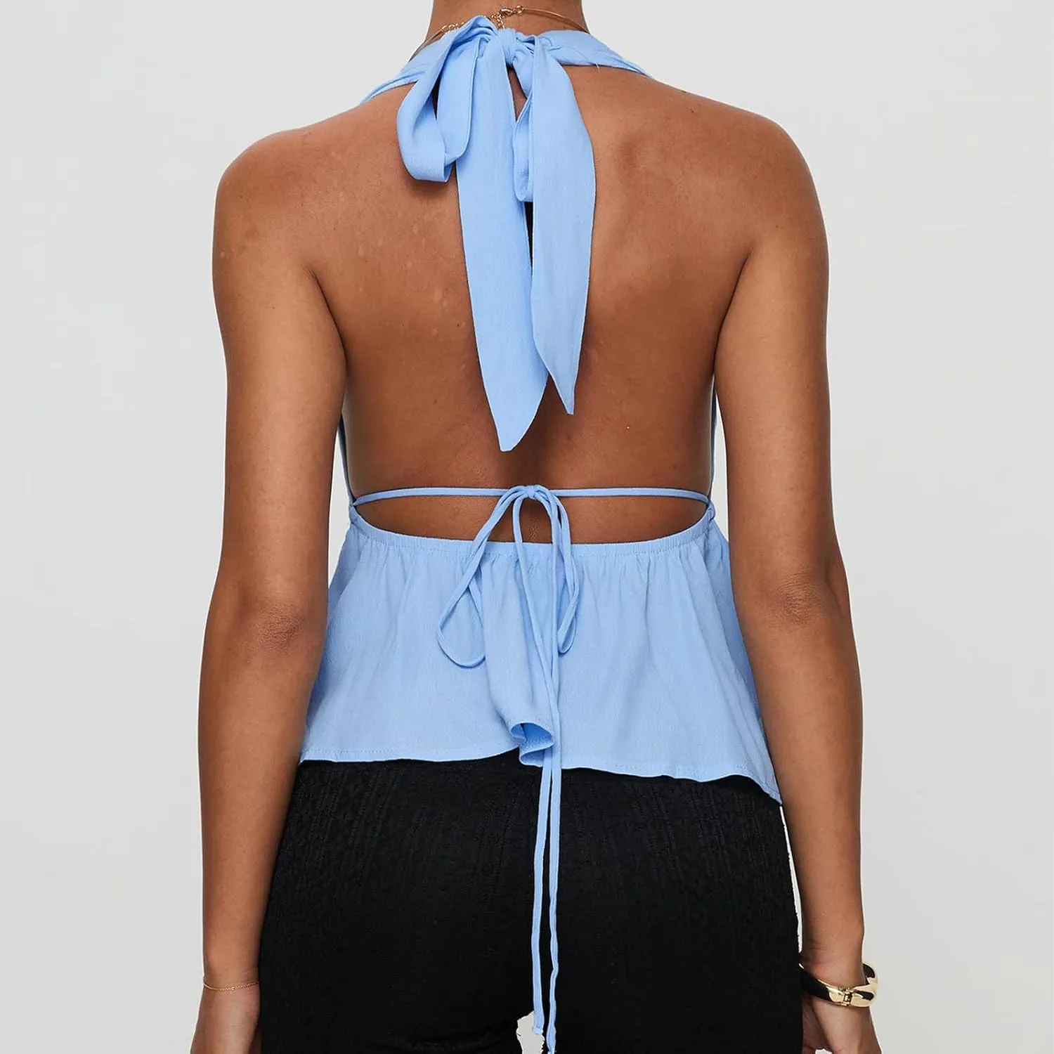 Women's Sexy Halter Going Out Top Open Back Deep V Neck Sleeveless Ruched Tank Tops Y2k Slim Fit Camisole Crop Tops