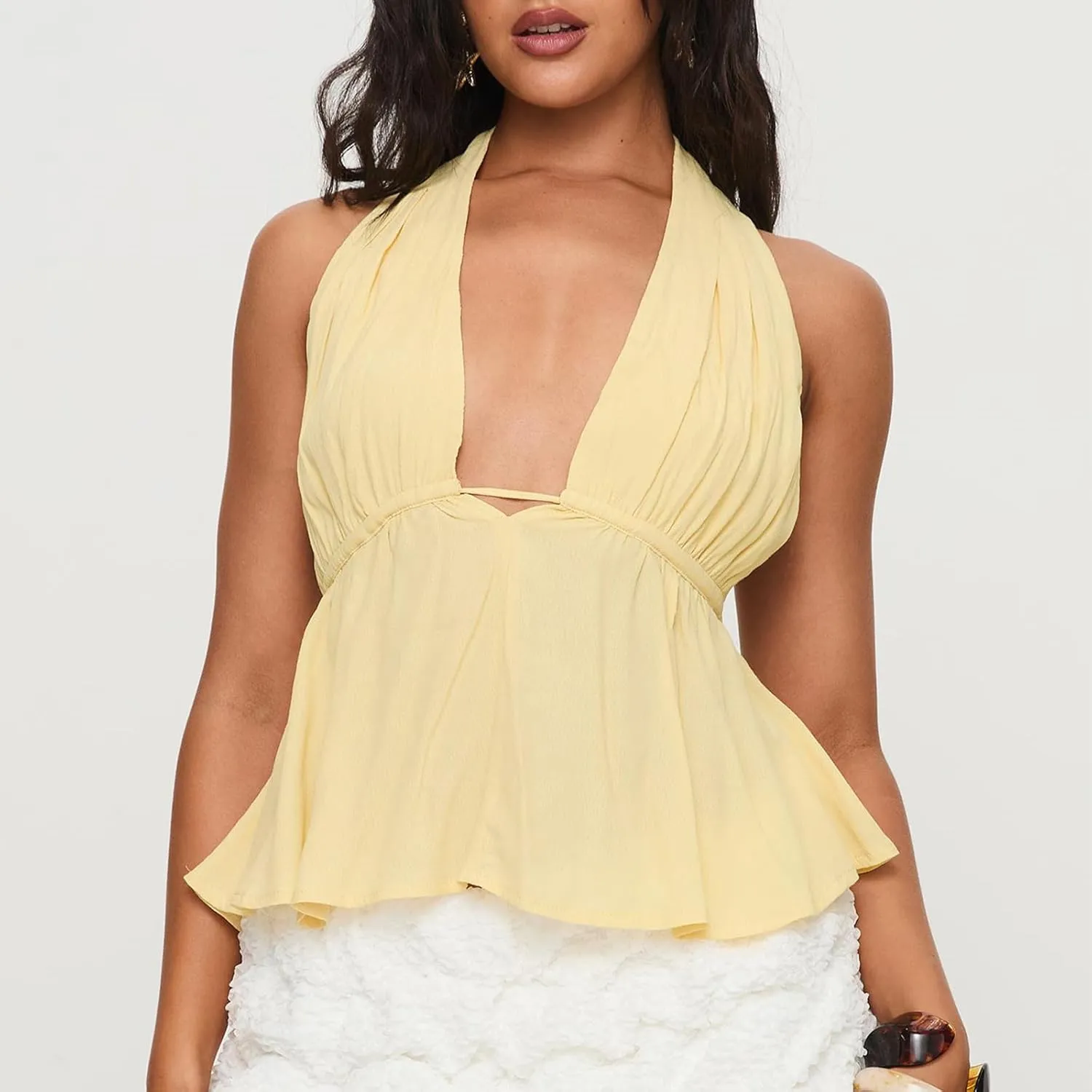 Women's Sexy Halter Going Out Top Open Back Deep V Neck Sleeveless Ruched Tank Tops Y2k Slim Fit Camisole Crop Tops