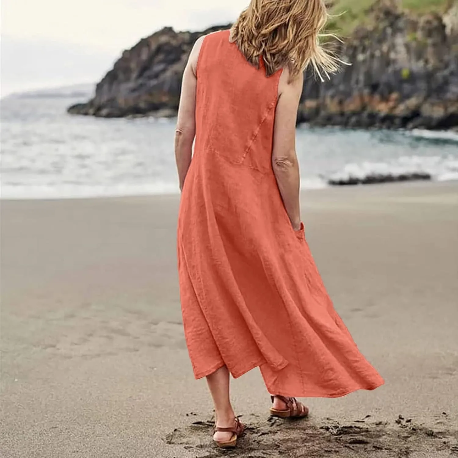 Women's Spring Sleeveless Dresses 2024 Casual Maxi Solid Color Summer Dresses, S-3XL