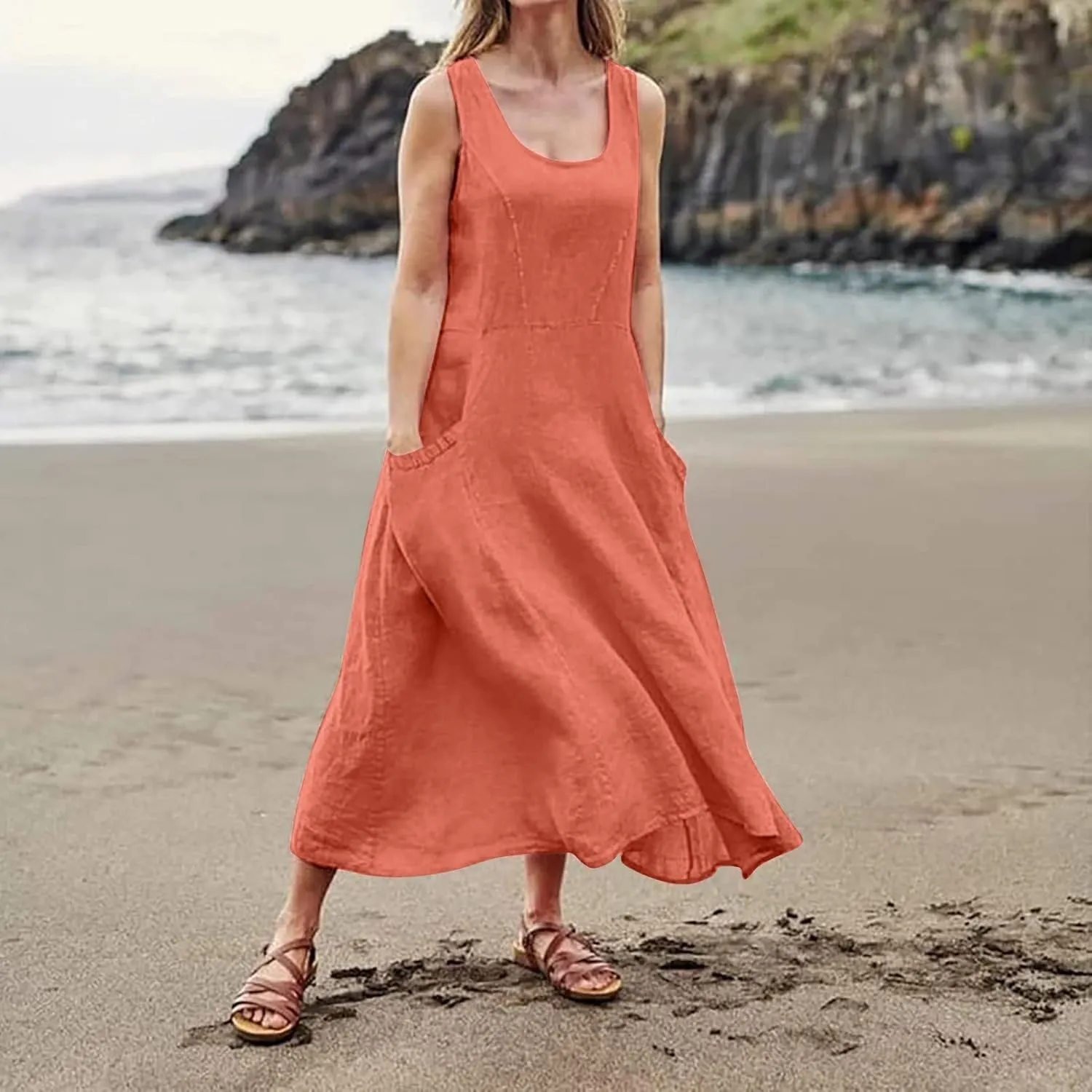 Women's Spring Sleeveless Dresses 2024 Casual Maxi Solid Color Summer Dresses, S-3XL
