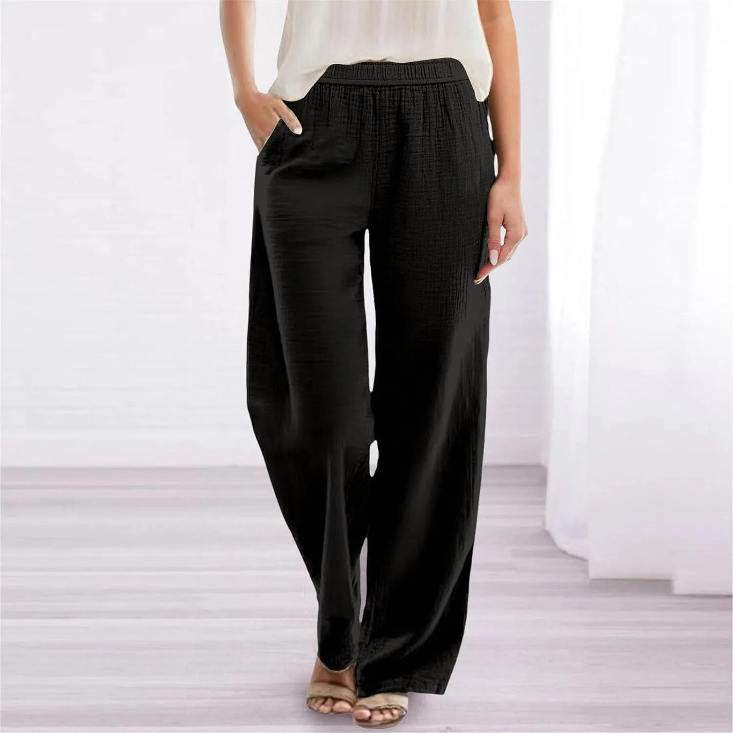 Womens Straight Leg Linen Pants Wide Leg Casual Elastic Waist Palazzo Pant Lounge Beach Summer Trousers with Pockets