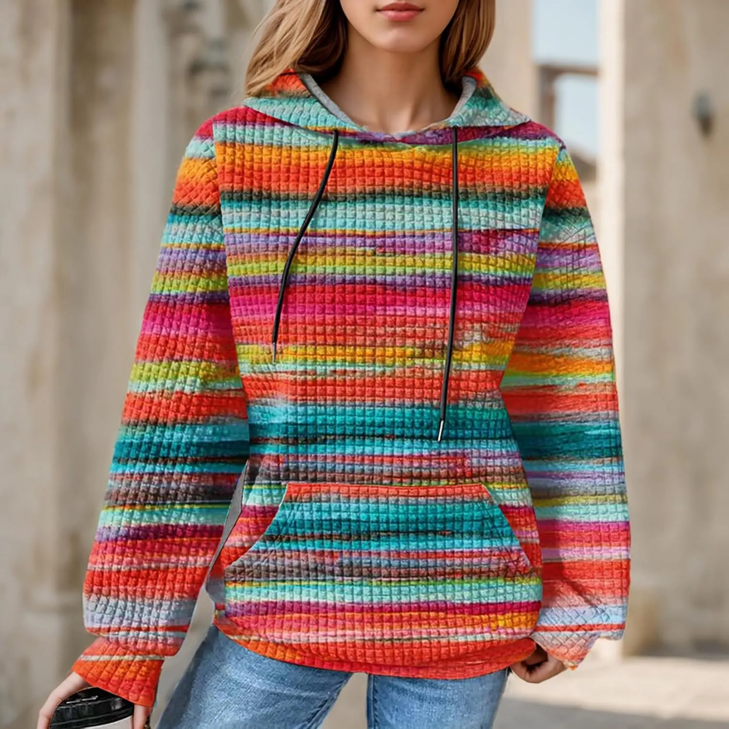 Women's Striped Oversized Hoodies Rainbow Waffle Knit Drawstring Pullover Sweatshirts Color Block Hooded Sweatshirt
