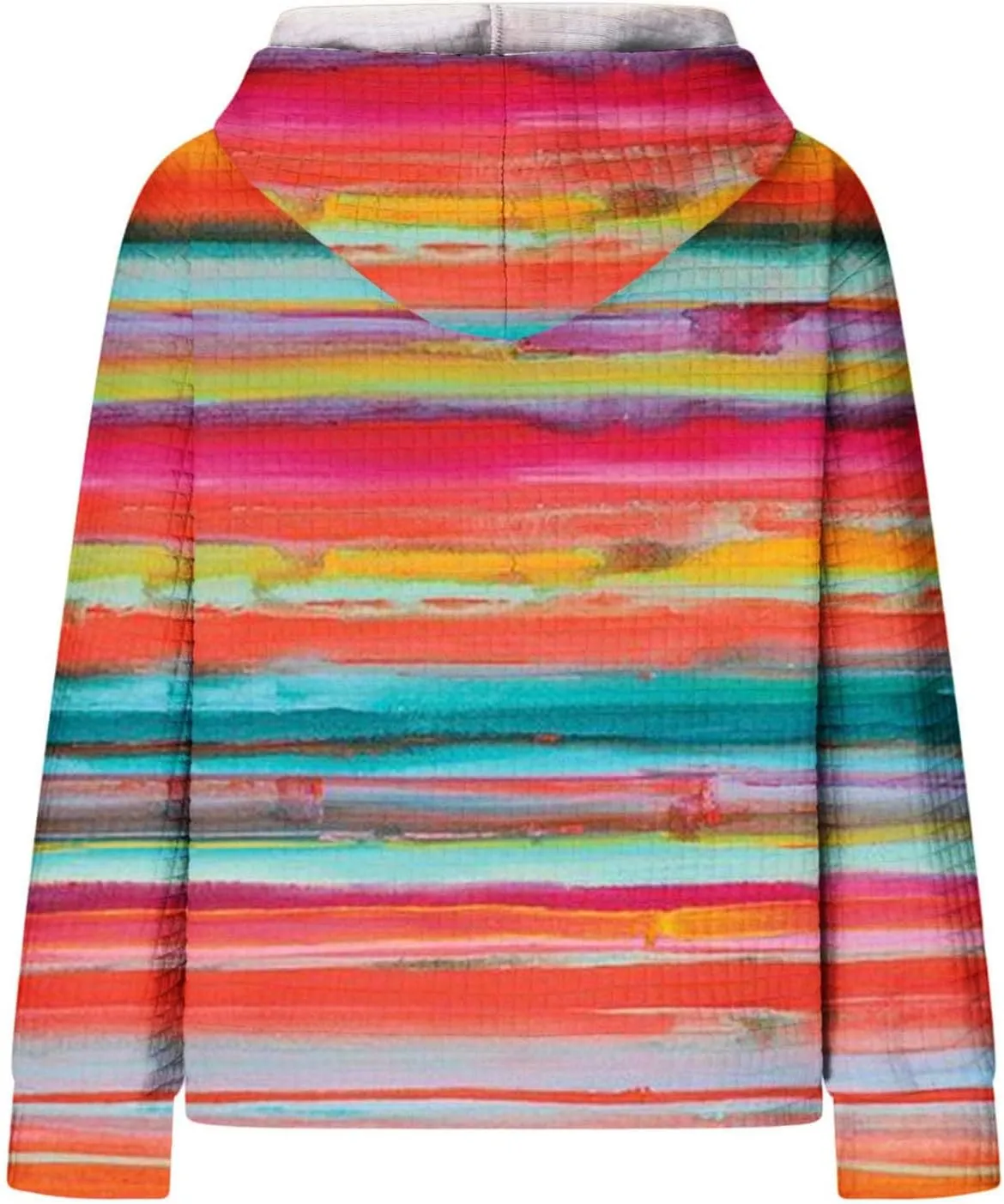 Women's Striped Oversized Hoodies Rainbow Waffle Knit Drawstring Pullover Sweatshirts Color Block Hooded Sweatshirt