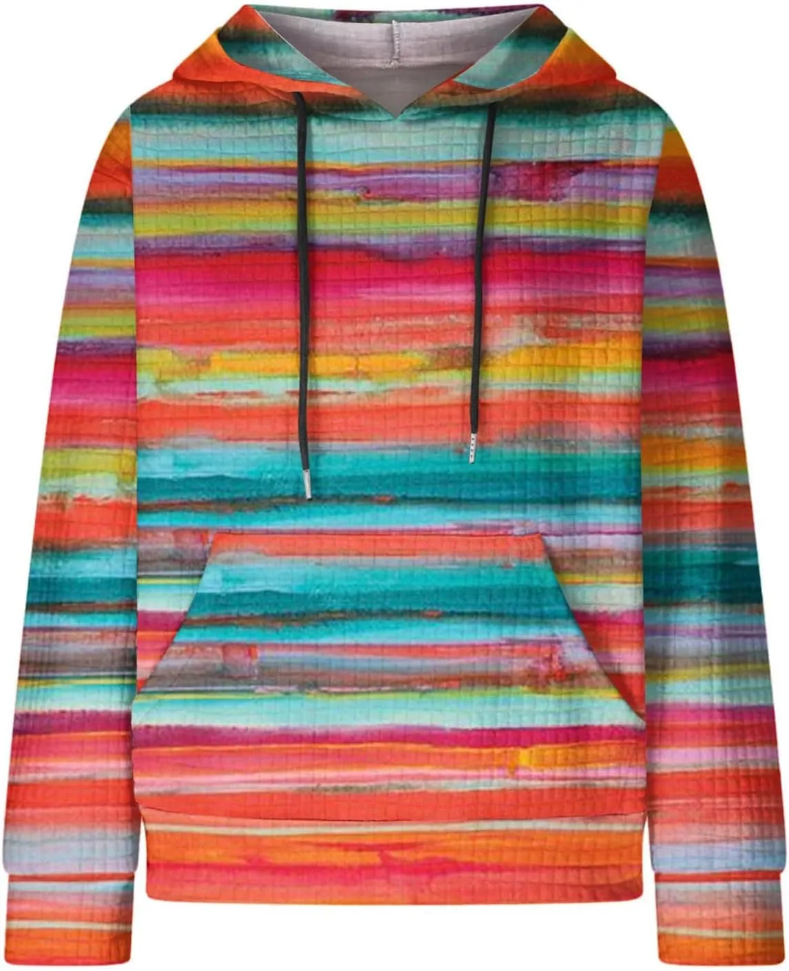 Women's Striped Oversized Hoodies Rainbow Waffle Knit Drawstring Pullover Sweatshirts Color Block Hooded Sweatshirt