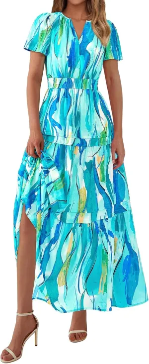 Womens Summer Boho Dress Casual V Neck Short Sleeve Maxi Dress A Line Tiered Ruffle Flowy Vacation Beach Dresses