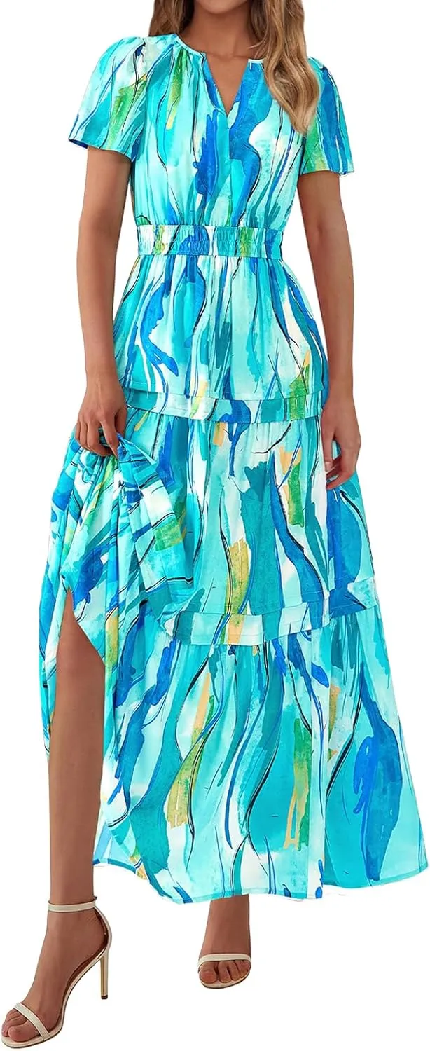 Womens Summer Boho Dress Casual V Neck Short Sleeve Maxi Dress A Line Tiered Ruffle Flowy Vacation Beach Dresses
