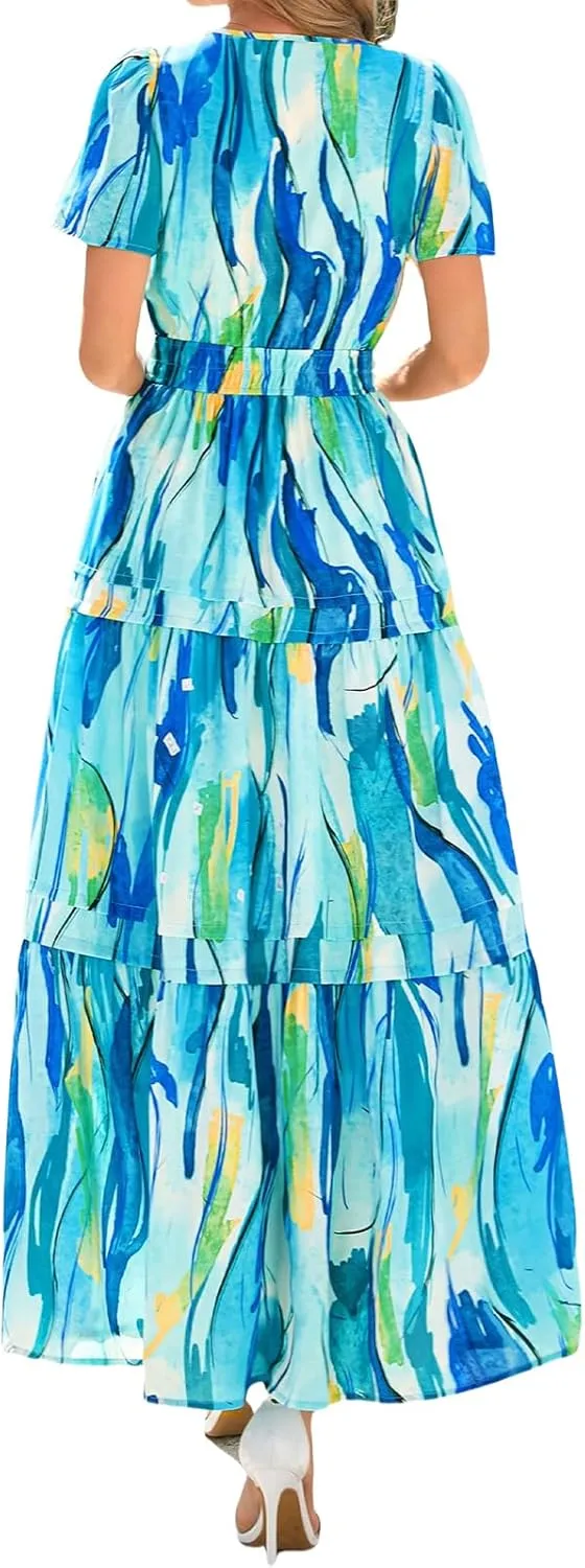 Womens Summer Boho Dress Casual V Neck Short Sleeve Maxi Dress A Line Tiered Ruffle Flowy Vacation Beach Dresses