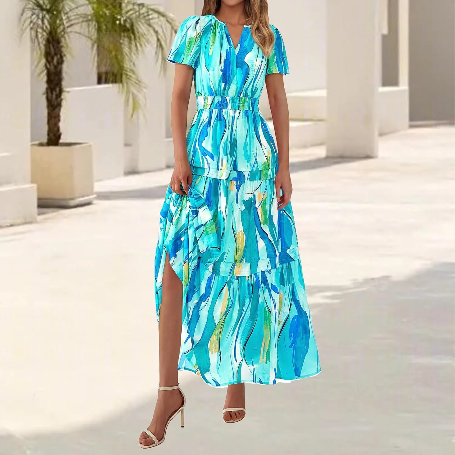 Womens Summer Boho Dress Casual V Neck Short Sleeve Maxi Dress A Line Tiered Ruffle Flowy Vacation Beach Dresses