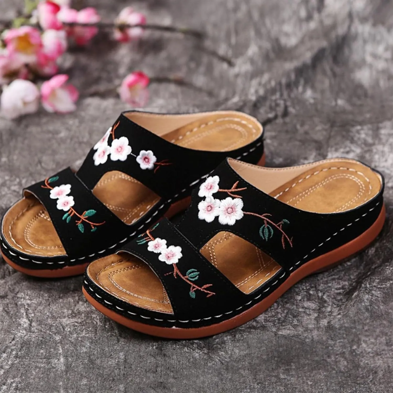 Women's Wedge Sandals, Hollow Floral Embroidery With Arch Support Comfortable Orthopedic Sandal Summer Dressy Slides