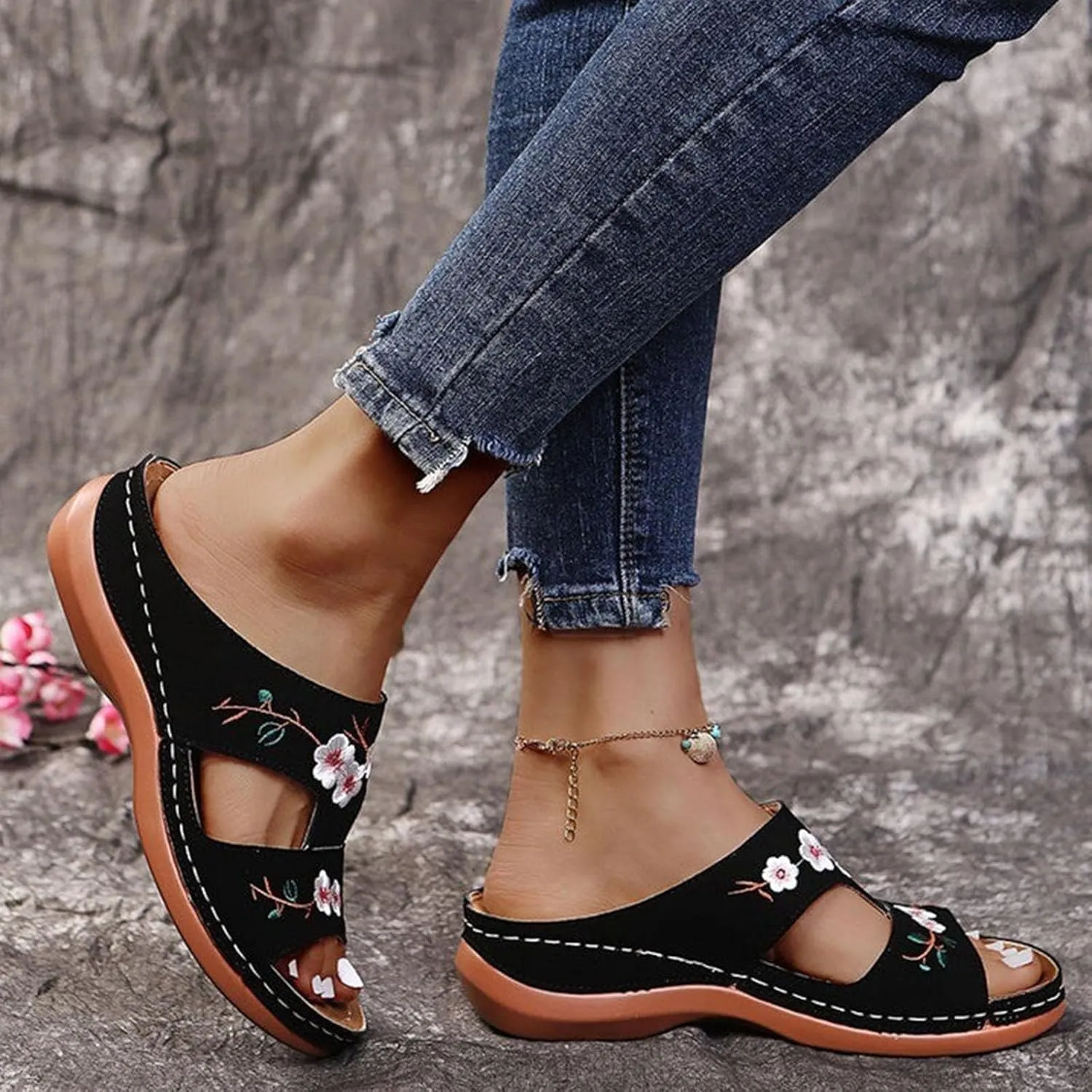 Women's Wedge Sandals, Hollow Floral Embroidery With Arch Support Comfortable Orthopedic Sandal Summer Dressy Slides