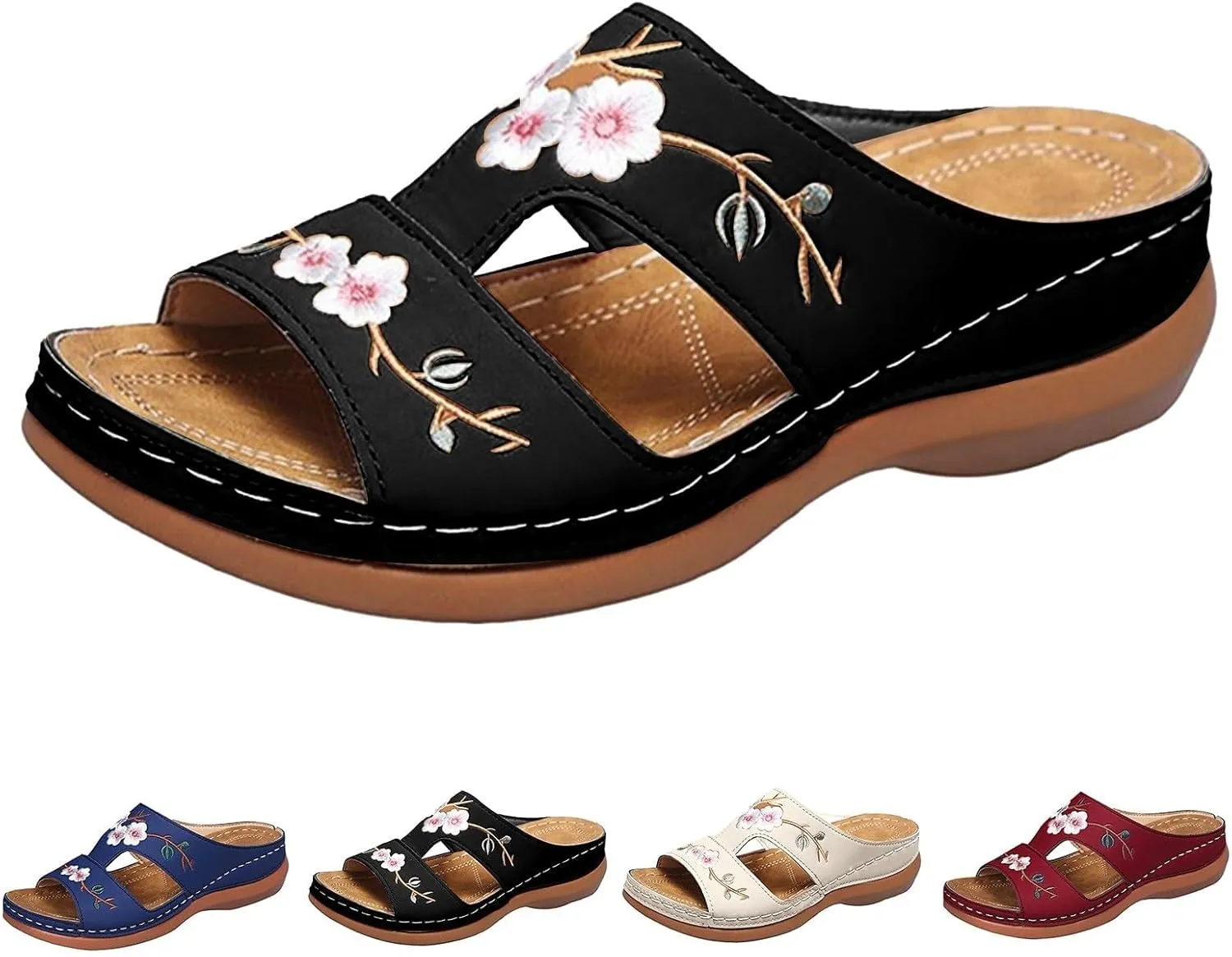 Women's Wedge Sandals, Hollow Floral Embroidery With Arch Support Comfortable Orthopedic Sandal Summer Dressy Slides