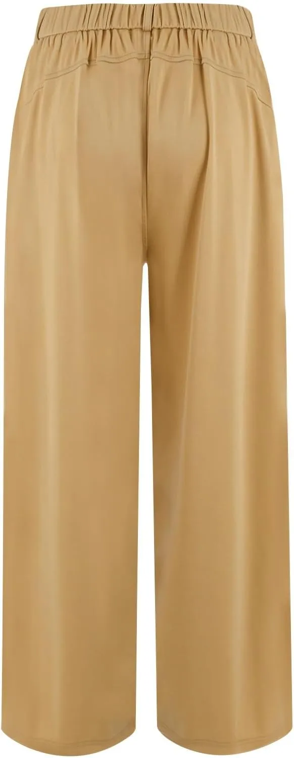 Womens Wide Leg Pants Dressy Casual Elastic Waist Yoga Dress Pants Plus Size Comfy Work Pants Slacks with Pockets