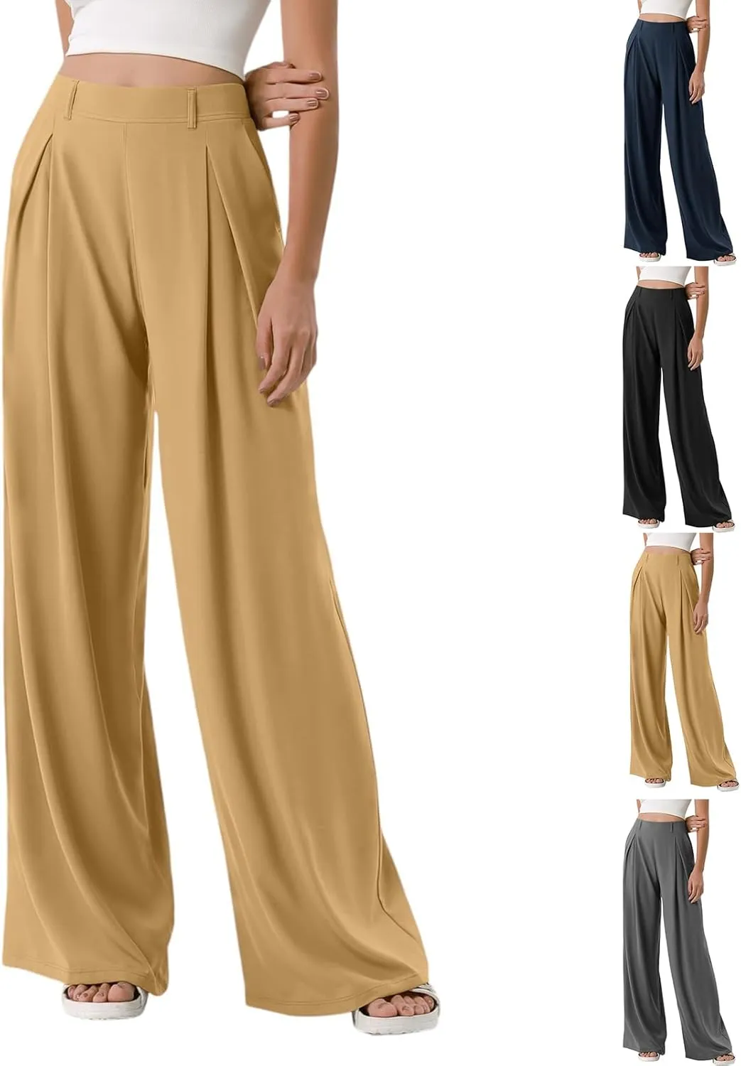 Womens Wide Leg Pants Dressy Casual Elastic Waist Yoga Dress Pants Plus Size Comfy Work Pants Slacks with Pockets