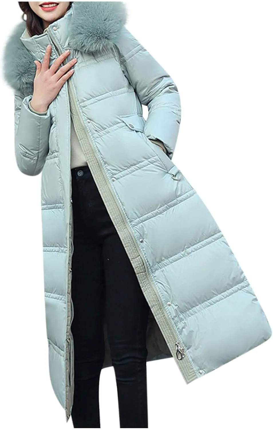 Women's Winter Long Coat Quilted Down Jacket Hooded Belted Stand Collar Parka Outdoor Fashion Lightweight Snow Jacket