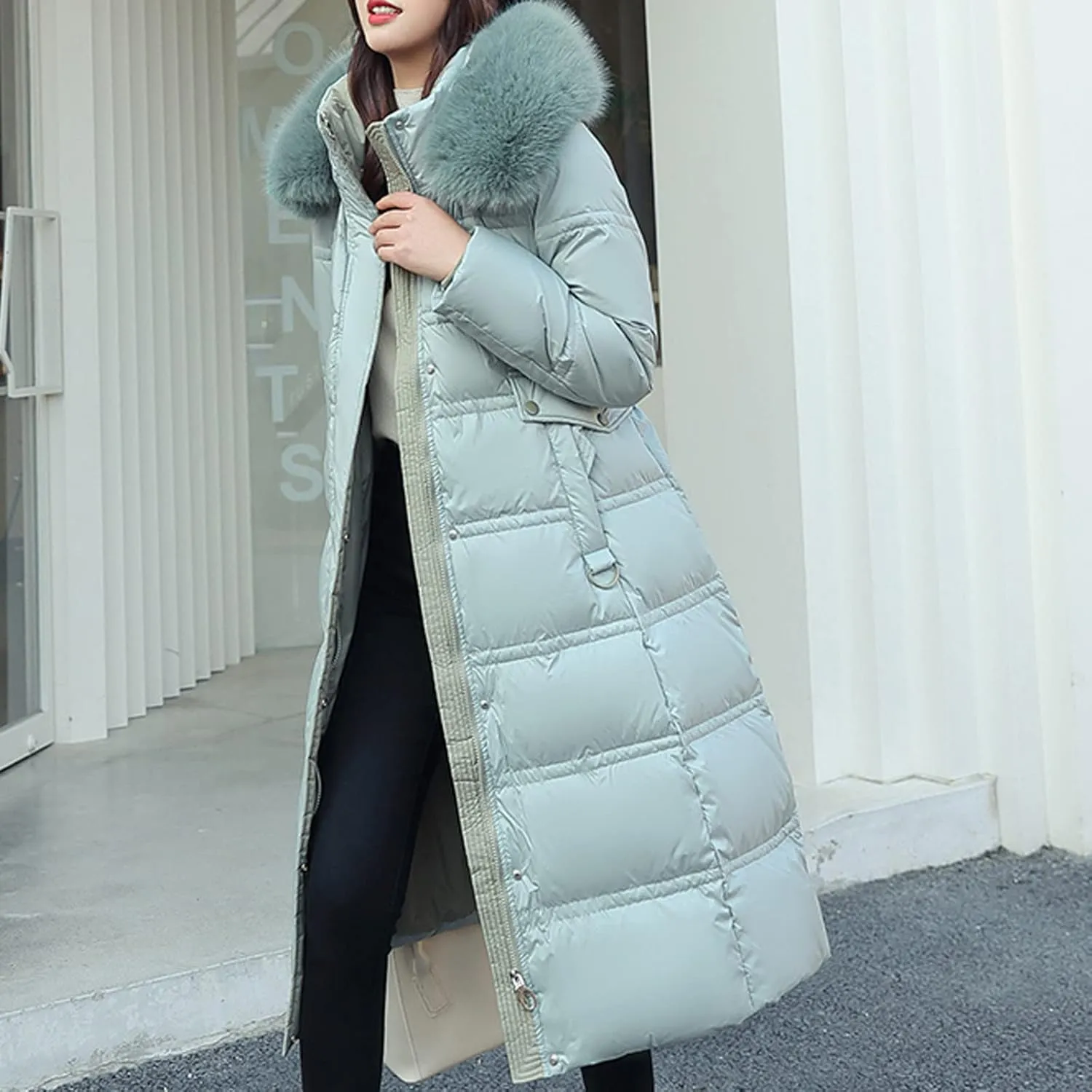 Women's Winter Long Coat Quilted Down Jacket Hooded Belted Stand Collar Parka Outdoor Fashion Lightweight Snow Jacket