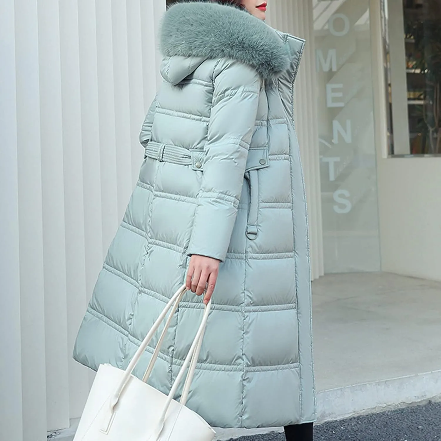 Women's Winter Long Coat Quilted Down Jacket Hooded Belted Stand Collar Parka Outdoor Fashion Lightweight Snow Jacket