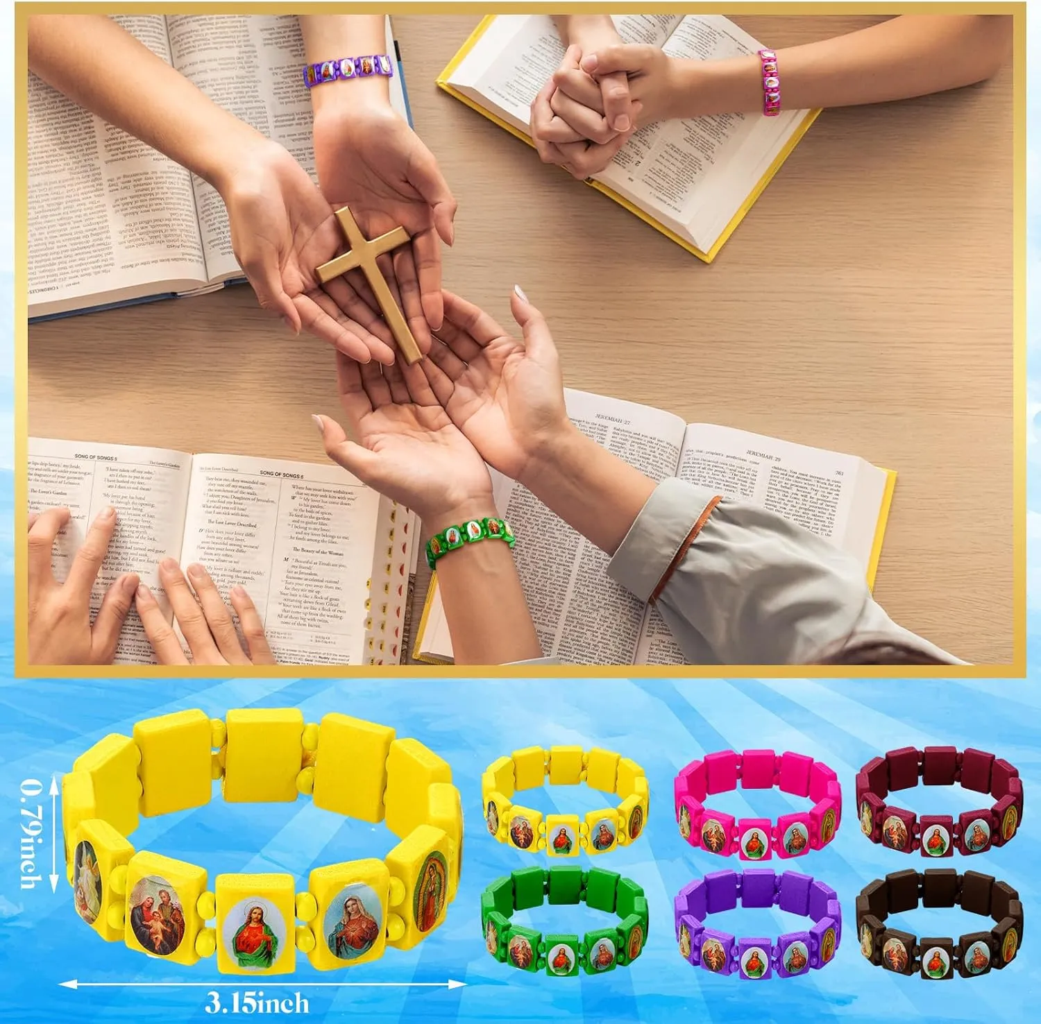 Wood Catholic Bracelets for Women Men Elastic Religious Bracelets with Images Christian Saints Rosary Wristbands Jesus and Rosary Decor for Guest Jesus Baptism First Communion Gift