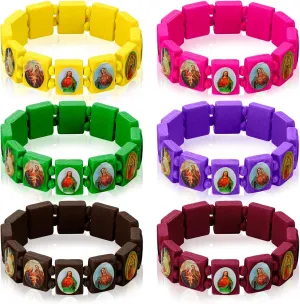 Wood Catholic Bracelets for Women Men Elastic Religious Bracelets with Images Christian Saints Rosary Wristbands Jesus and Rosary Decor for Guest Jesus Baptism First Communion Gift