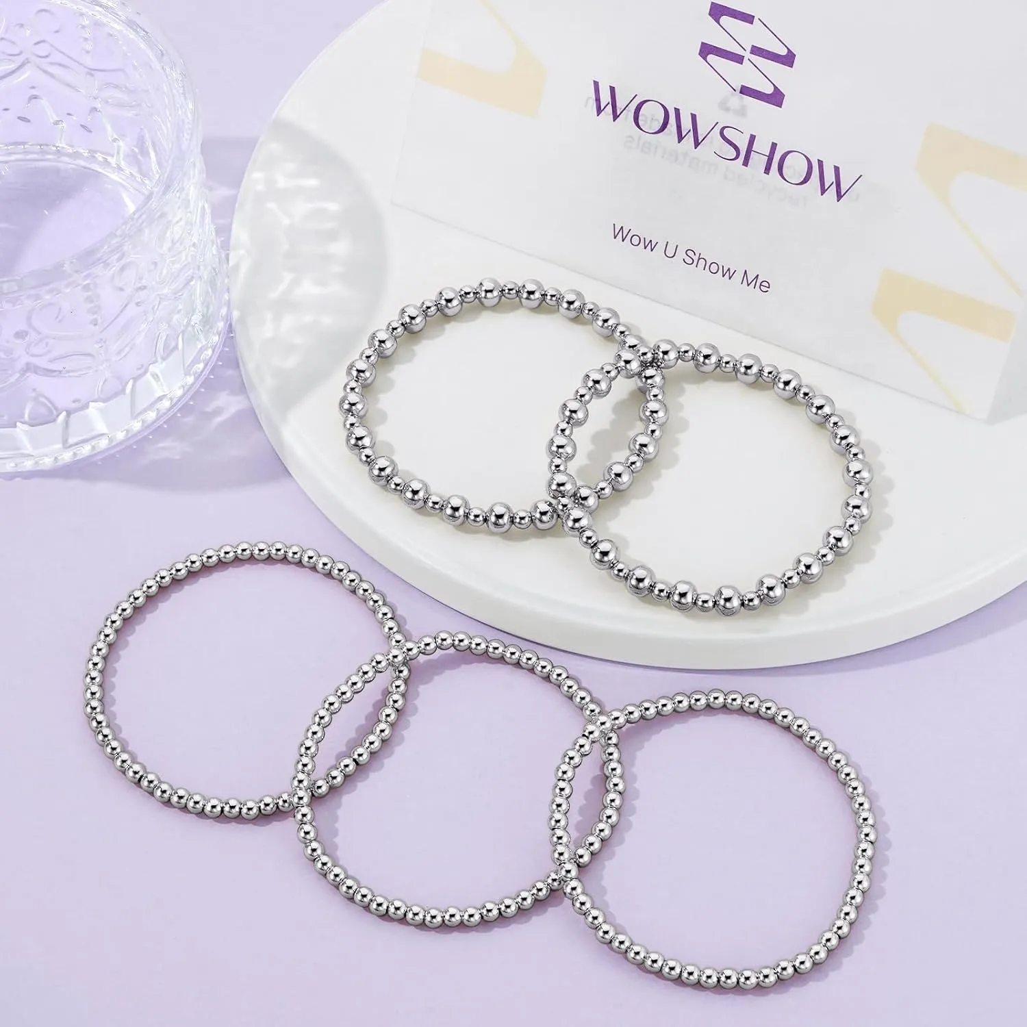 Wowshow Gold Bracelets - 14K Gold Plated Stackable Bead Bracelet Set for Women