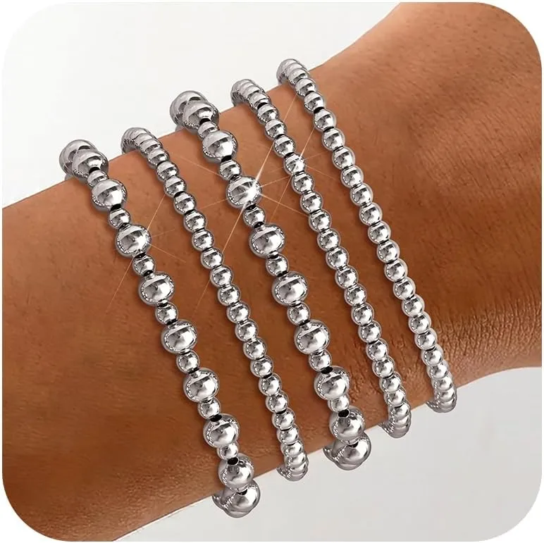 Wowshow Gold Bracelets - 14K Gold Plated Stackable Bead Bracelet Set for Women