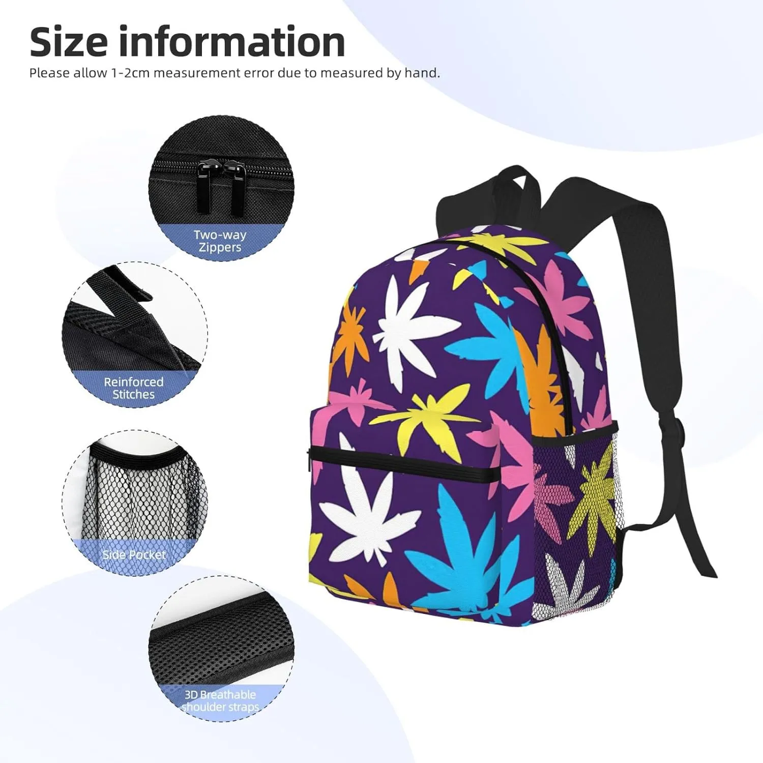WURTON Bright Colorful Weed Pattern Print Backpacks Casual,Pacious Compartments,Work,Travel,Outdoor Activities Unisex Daypacks