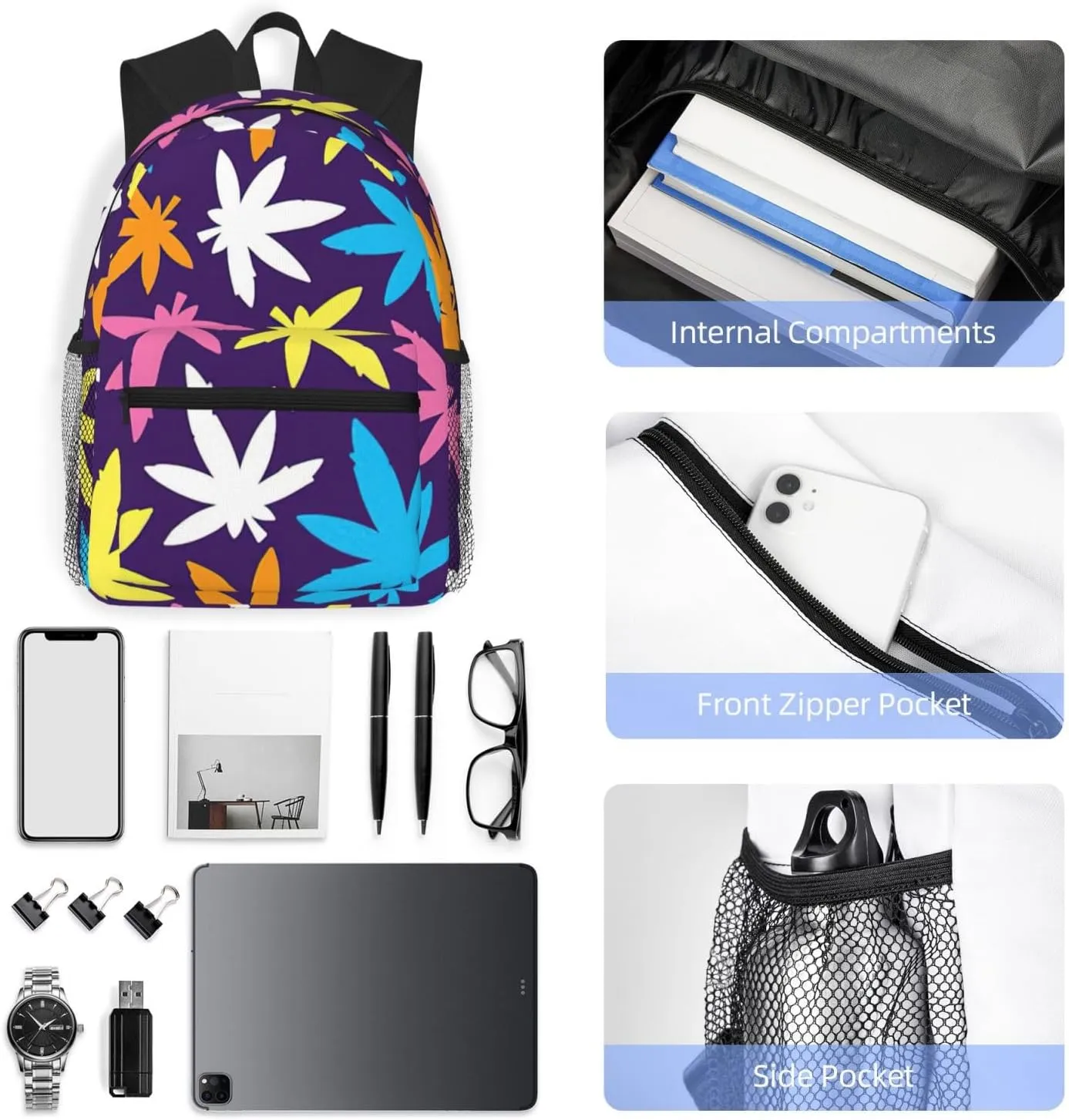 WURTON Bright Colorful Weed Pattern Print Backpacks Casual,Pacious Compartments,Work,Travel,Outdoor Activities Unisex Daypacks