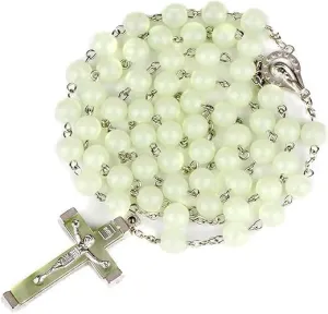 XAM Glow in The Dark Rosary Luminous Y Necklace Catholic Multicolor Rose Necklace Jewelry Religious Jesus Necklaces for Women Men