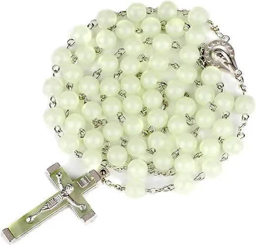 XAM Glow in The Dark Rosary Luminous Y Necklace Catholic Multicolor Rose Necklace Jewelry Religious Jesus Necklaces for Women Men