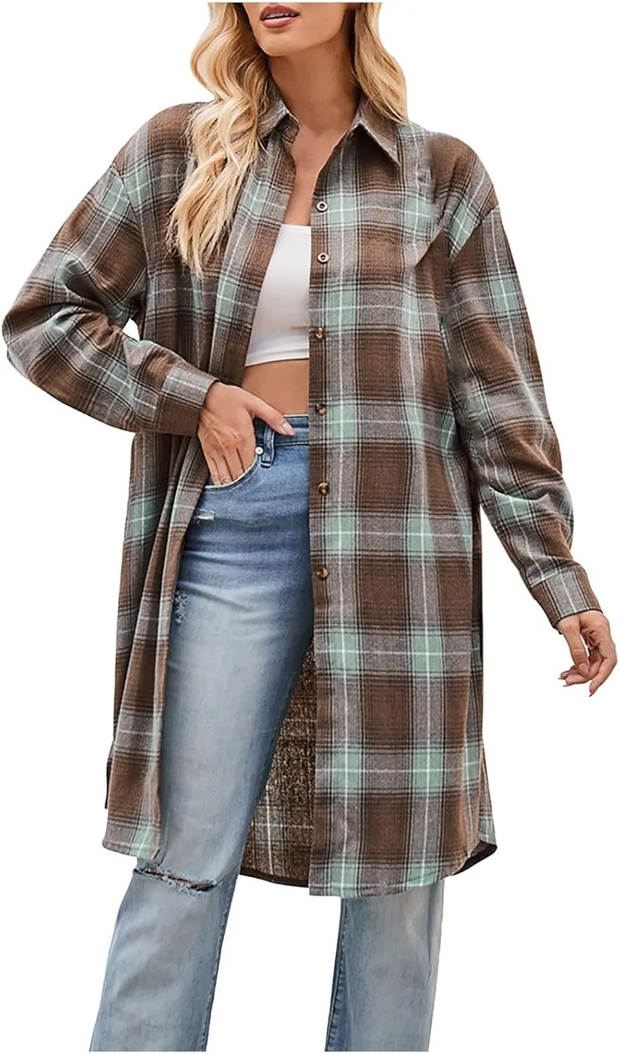 XUNRYAN Women's Fashion Shacket Jackets Long Lightweight Wool-Blend Jackets Casual Button Blouse Tops Long Trench Coat 2024