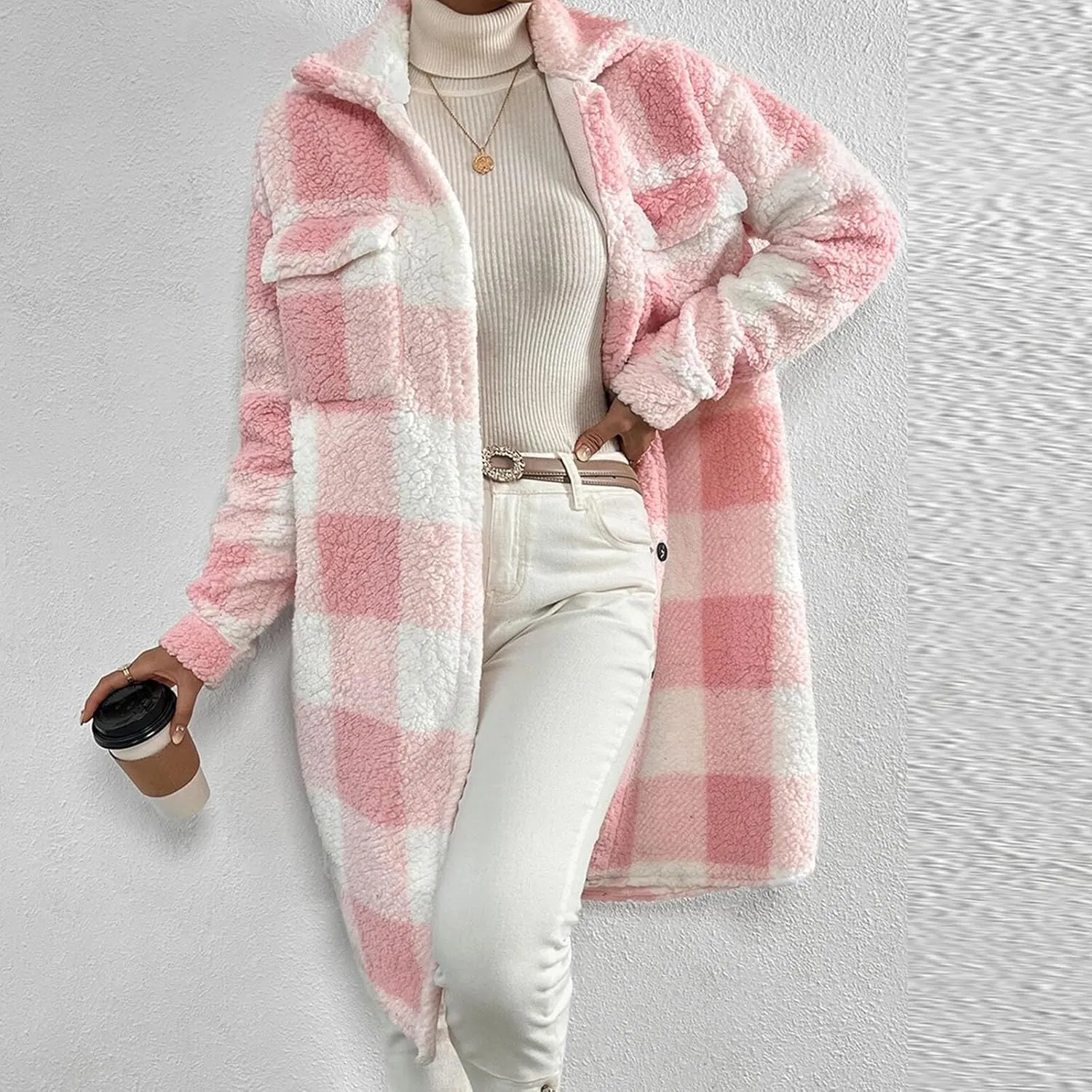 XUNRYAN Women's Faux-Shearling Sherpa Fleece Jacket Long Trench Coat Fashion Plaid Jackets Peacoat Winter Warm Coat Outwear
