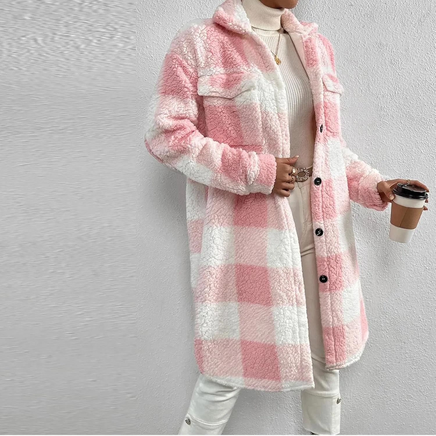 XUNRYAN Women's Faux-Shearling Sherpa Fleece Jacket Long Trench Coat Fashion Plaid Jackets Peacoat Winter Warm Coat Outwear