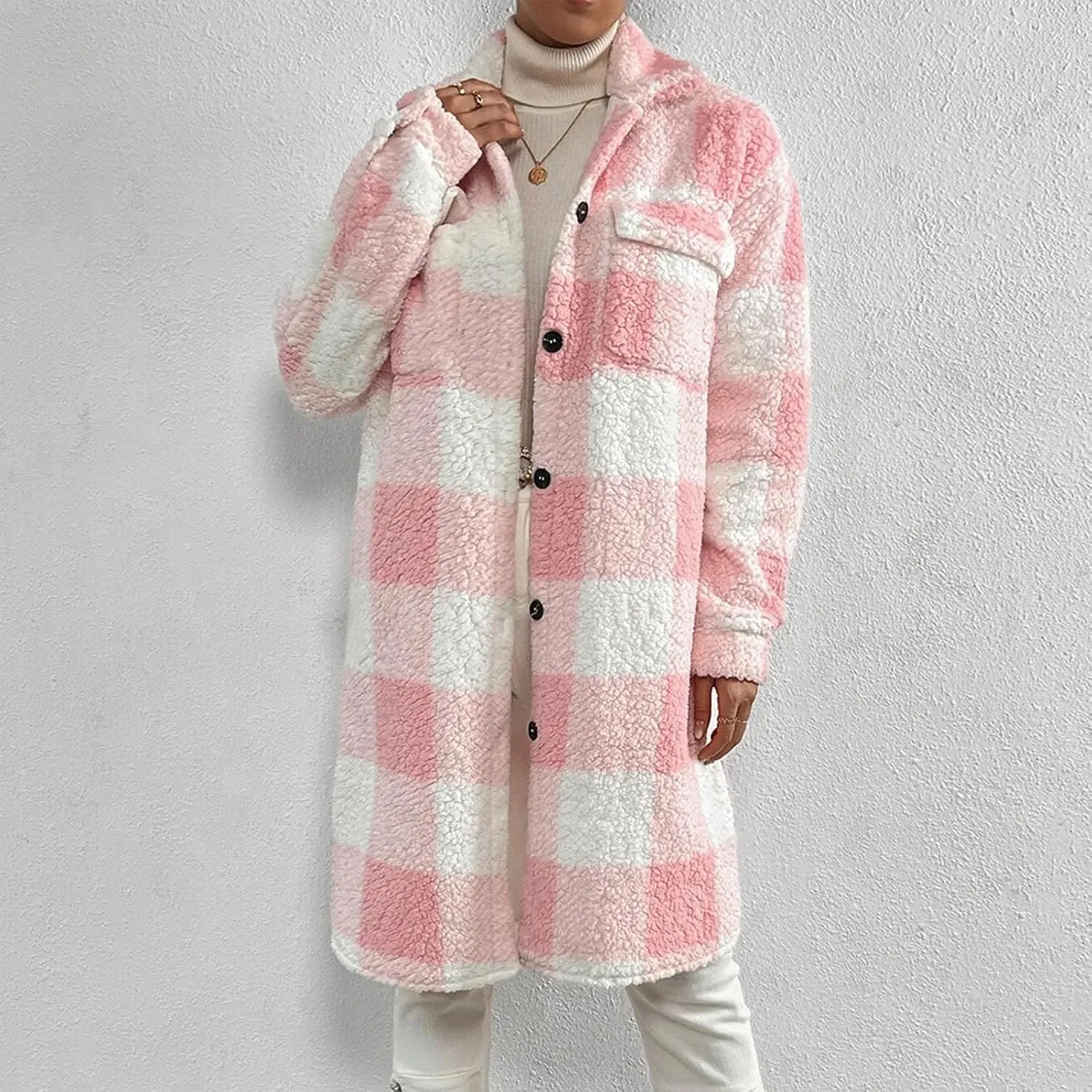 XUNRYAN Women's Faux-Shearling Sherpa Fleece Jacket Long Trench Coat Fashion Plaid Jackets Peacoat Winter Warm Coat Outwear