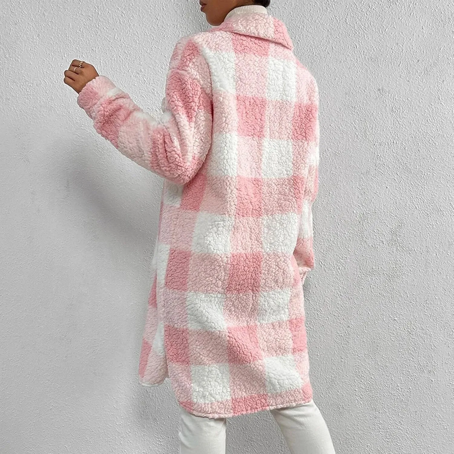XUNRYAN Women's Faux-Shearling Sherpa Fleece Jacket Long Trench Coat Fashion Plaid Jackets Peacoat Winter Warm Coat Outwear