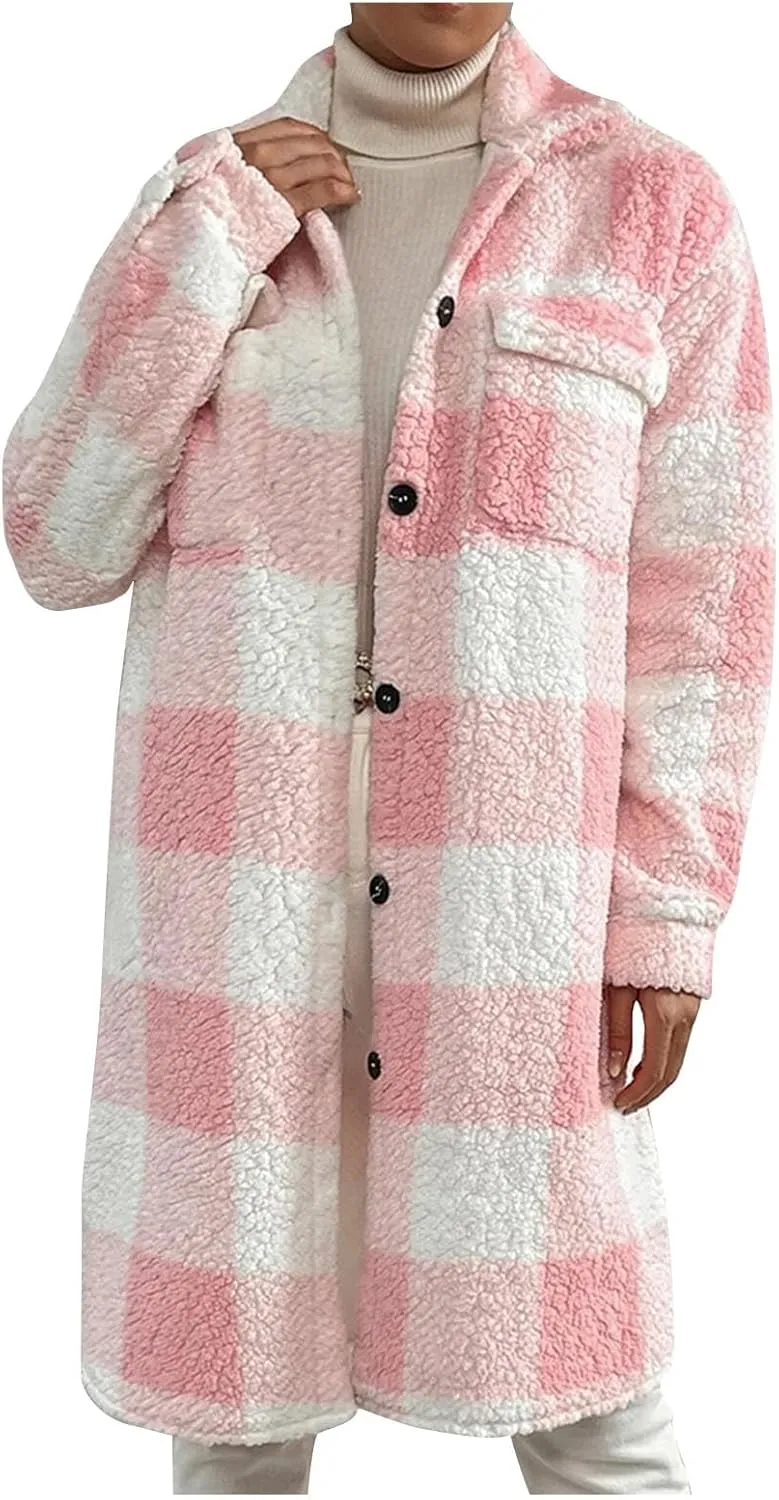 XUNRYAN Women's Faux-Shearling Sherpa Fleece Jacket Long Trench Coat Fashion Plaid Jackets Peacoat Winter Warm Coat Outwear