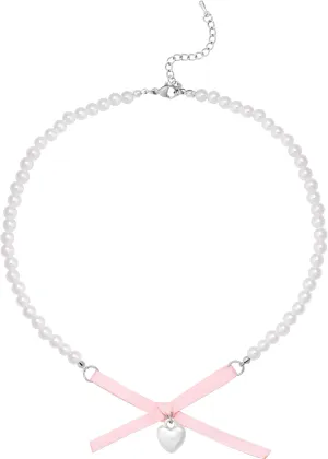 Y2K Kawaii Coquette Pink Bow Cutecore Aesthetic Beaded Choker Necklaces Jewelry Accessories for Girls