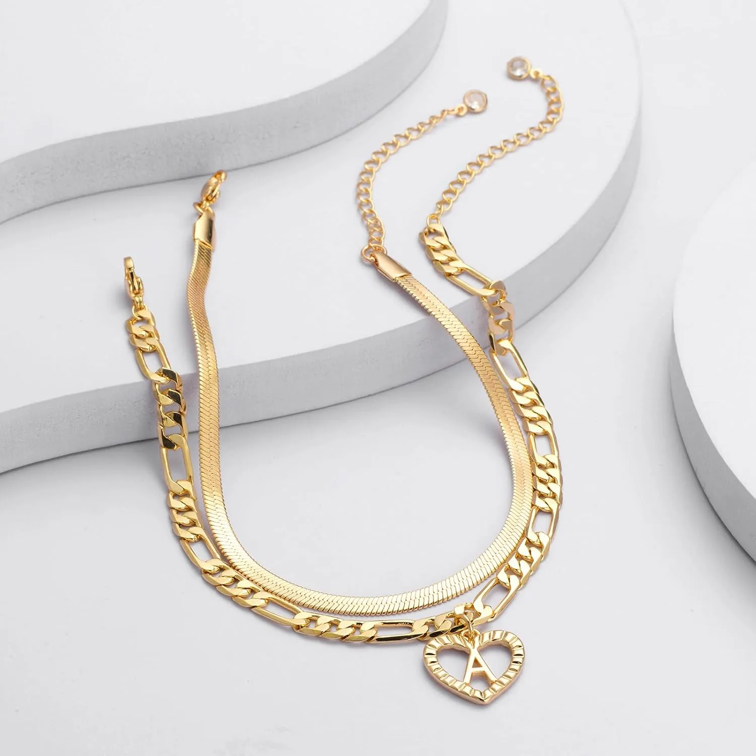 YANODA Gold Ankle Bracelets for Women Waterproof, 14k Gold Plated Layered Snake Anklets Figaro Chain Letter Initial Anklets Handmade Heart Ankle Bracelets Personalized for Women Beach Jewelry Gifts