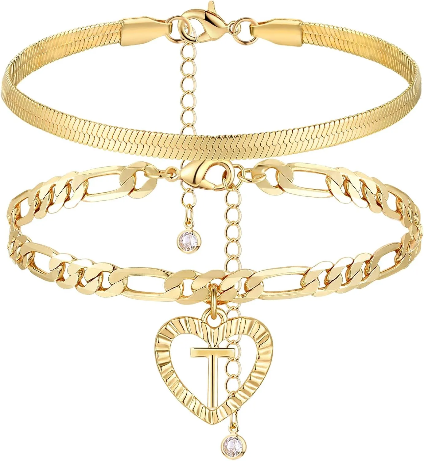 YANODA Gold Ankle Bracelets for Women Waterproof, 14k Gold Plated Layered Snake Anklets Figaro Chain Letter Initial Anklets Handmade Heart Ankle Bracelets Personalized for Women Beach Jewelry Gifts