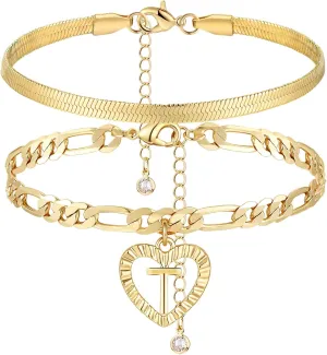 YANODA Gold Ankle Bracelets for Women Waterproof, 14k Gold Plated Layered Snake Anklets Figaro Chain Letter Initial Anklets Handmade Heart Ankle Bracelets Personalized for Women Beach Jewelry Gifts