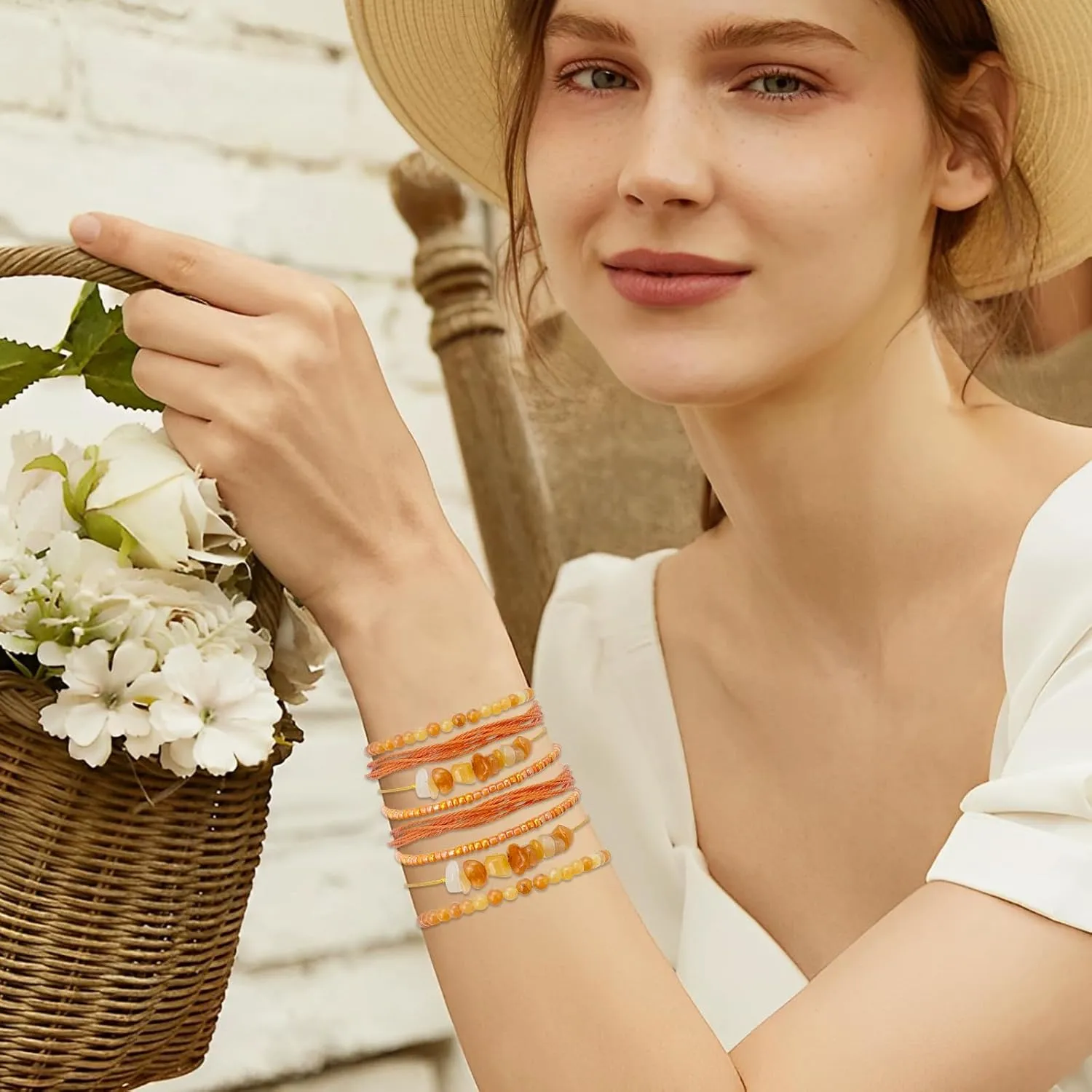 YBMYCM 8Pcs Natural Stone Bead Bracelets for Women Crystal Bracelet Bohemian Gemstone Bracelets Summer Woven Stretch String Bracelets Gift Jewelry