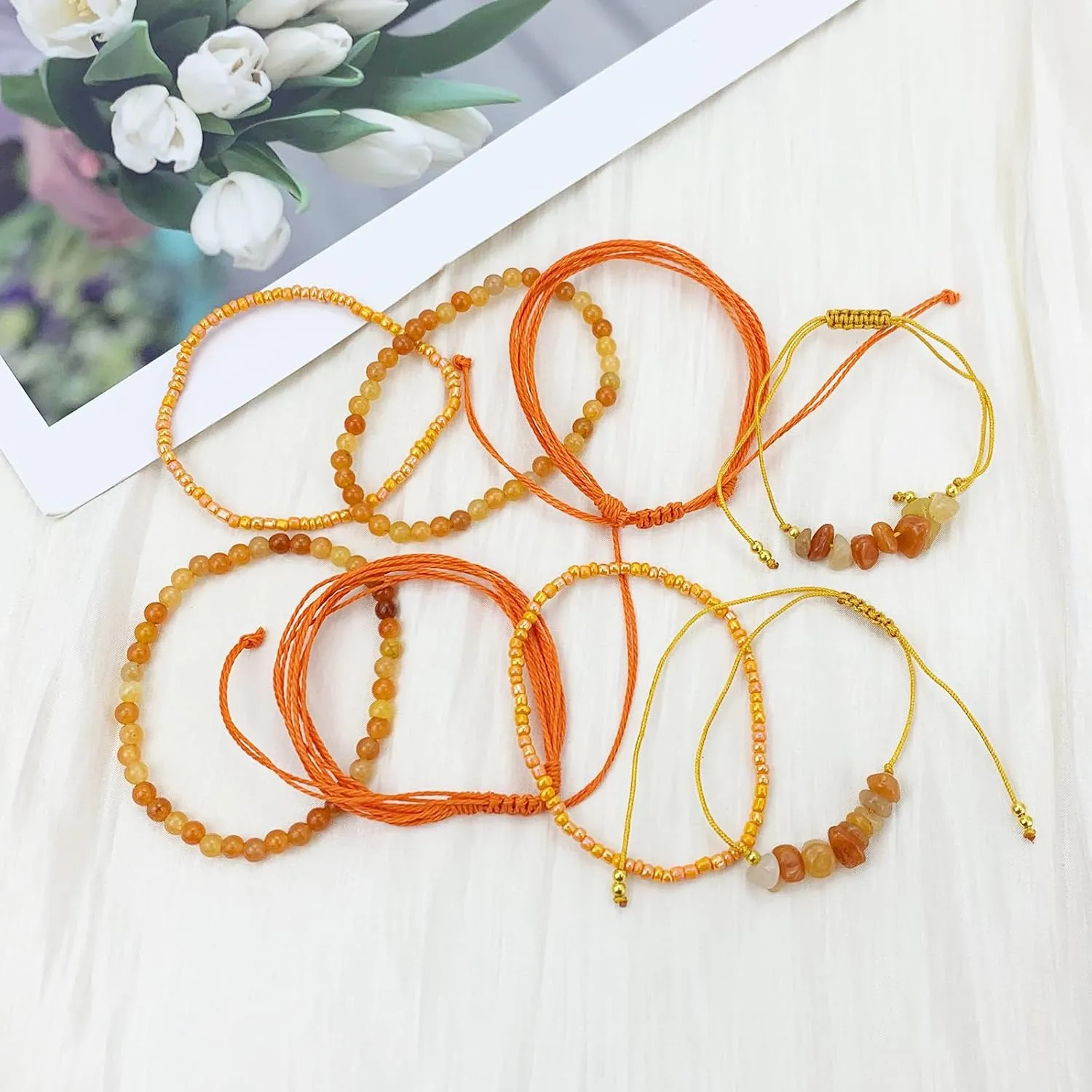 YBMYCM 8Pcs Natural Stone Bead Bracelets for Women Crystal Bracelet Bohemian Gemstone Bracelets Summer Woven Stretch String Bracelets Gift Jewelry