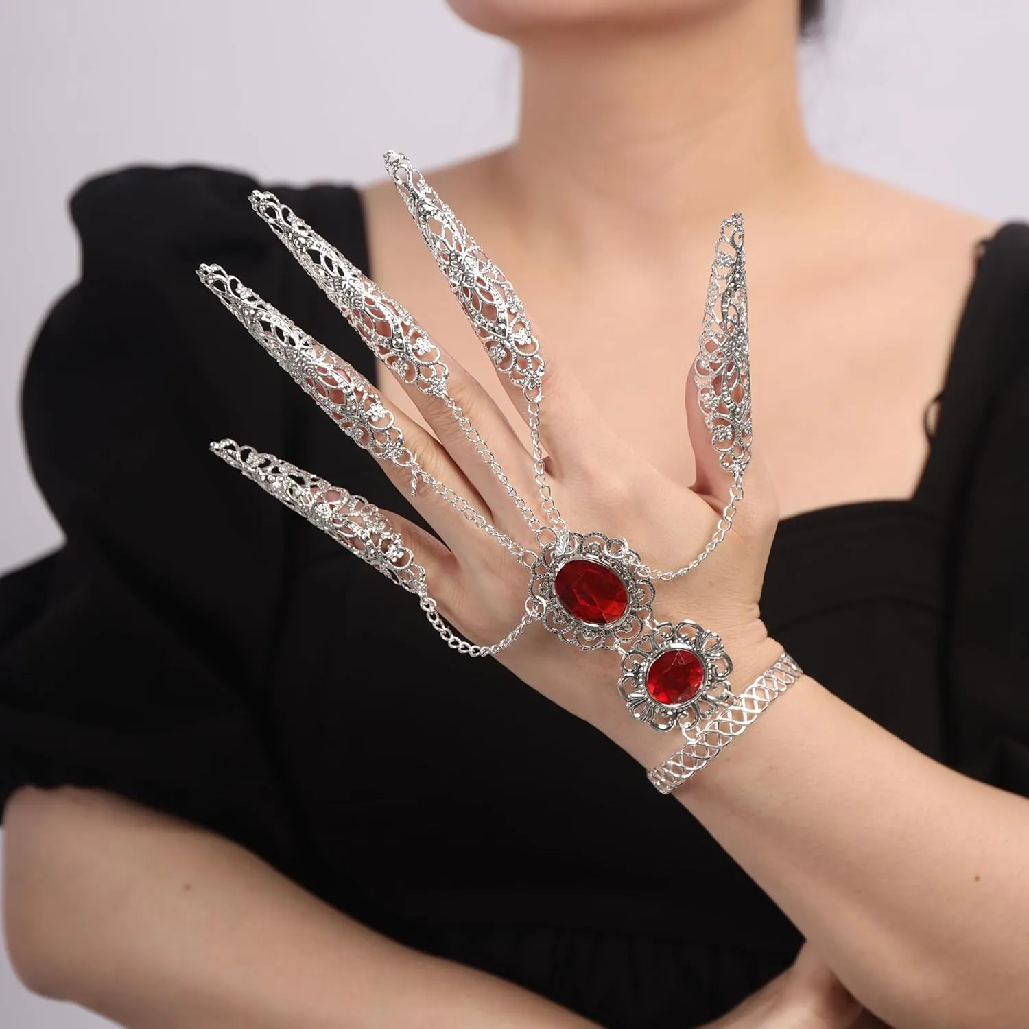 YERTTER Boho Bracelets Inlaid with Red Crystal Women Belly Dance Gypsy Egyptian Bracelet with Finger Nails Halloween Costume for Women