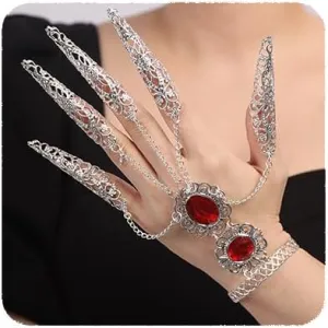 YERTTER Boho Bracelets Inlaid with Red Crystal Women Belly Dance Gypsy Egyptian Bracelet with Finger Nails Halloween Costume for Women