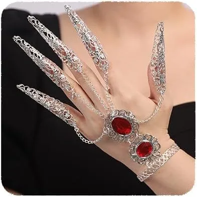 YERTTER Boho Bracelets Inlaid with Red Crystal Women Belly Dance Gypsy Egyptian Bracelet with Finger Nails Halloween Costume for Women