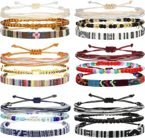 Yinkin 18 Pcs Boho Surfer Bracelet Anklet Adjustable Beaded Anklets Handmade Braided Bracelet Colorful Summer Beach String Rope Boho Jewelry for Women Men